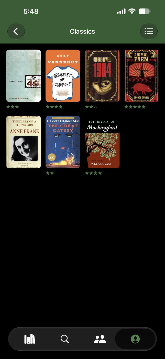 Logr "Classics" list showing a grid of rated book covers
