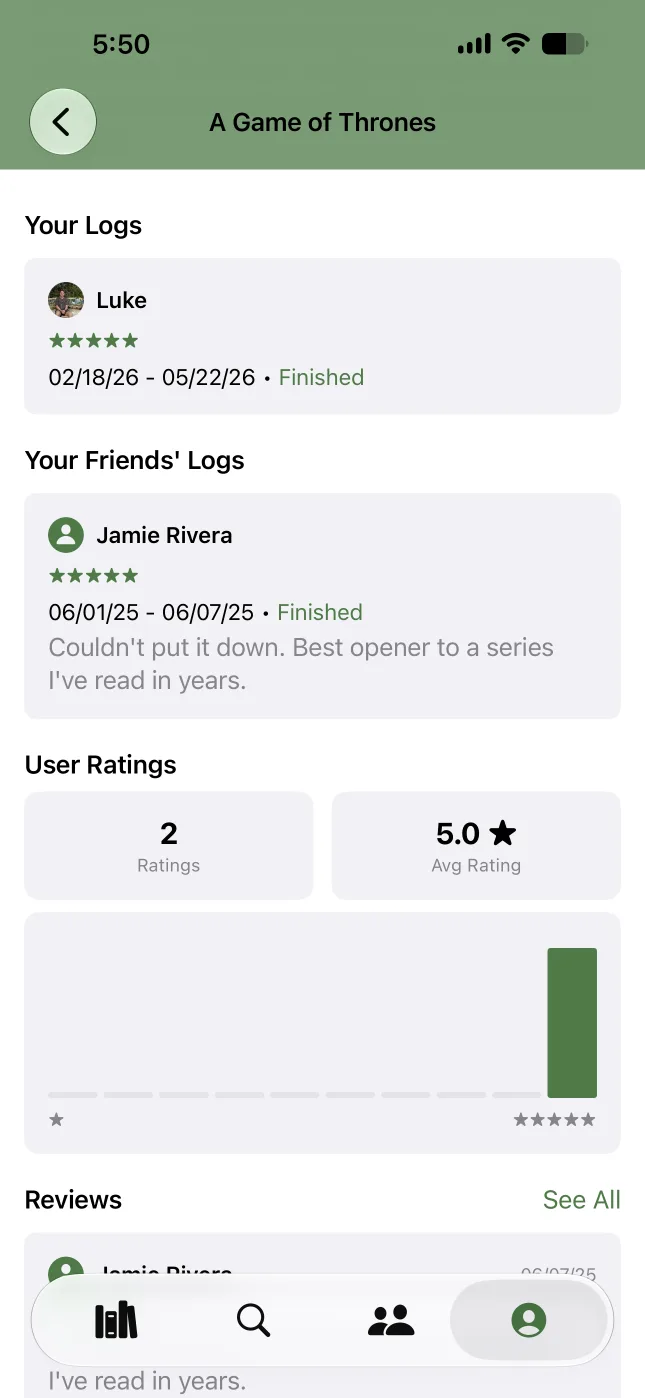 Logr book page for A Game of Thrones showing personal and friends' reading logs and user ratings