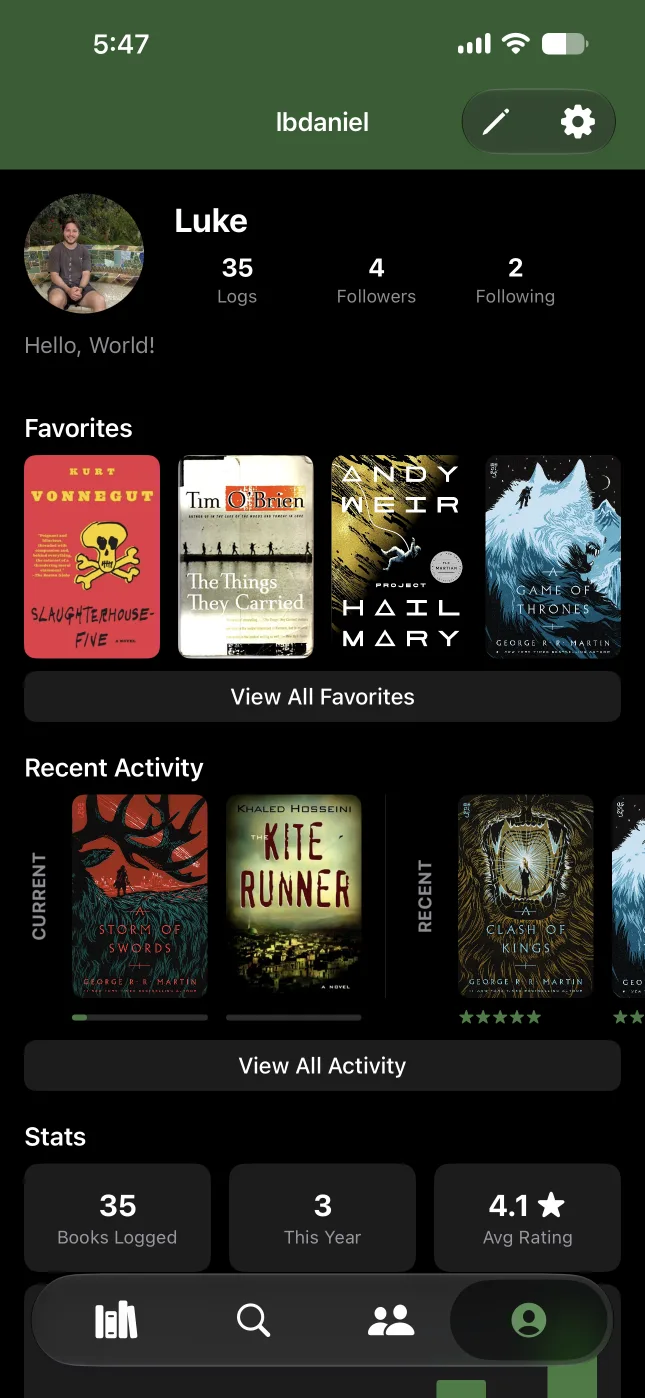Logr profile screen showing favorite books, recent reading activity, and reading stats