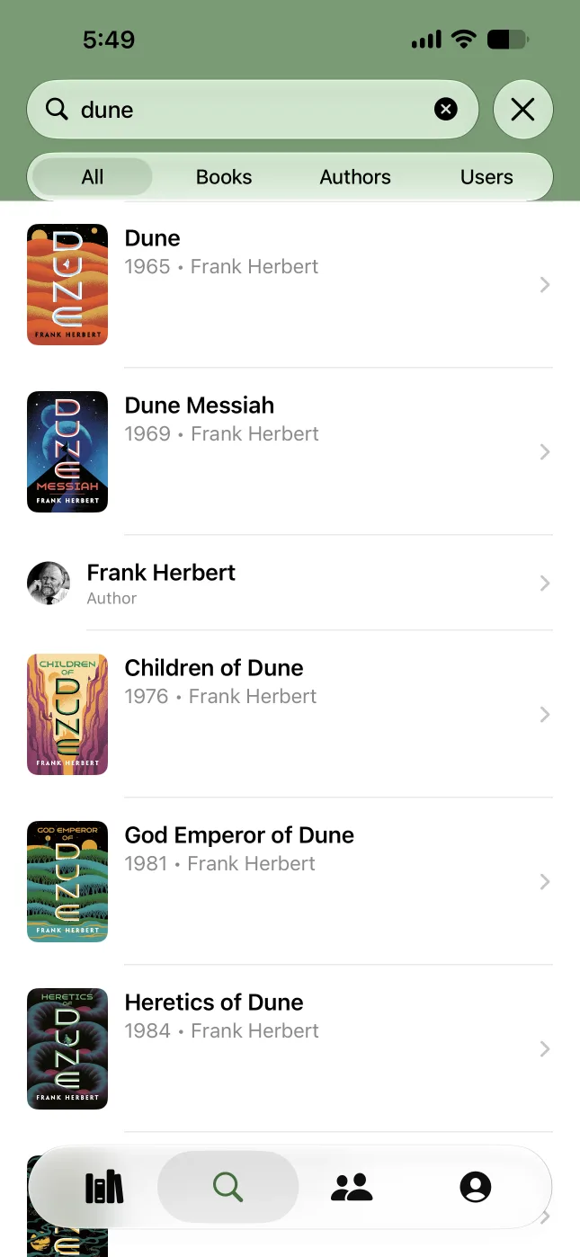 Logr search results for "dune" listing Dune books and the author Frank Herbert