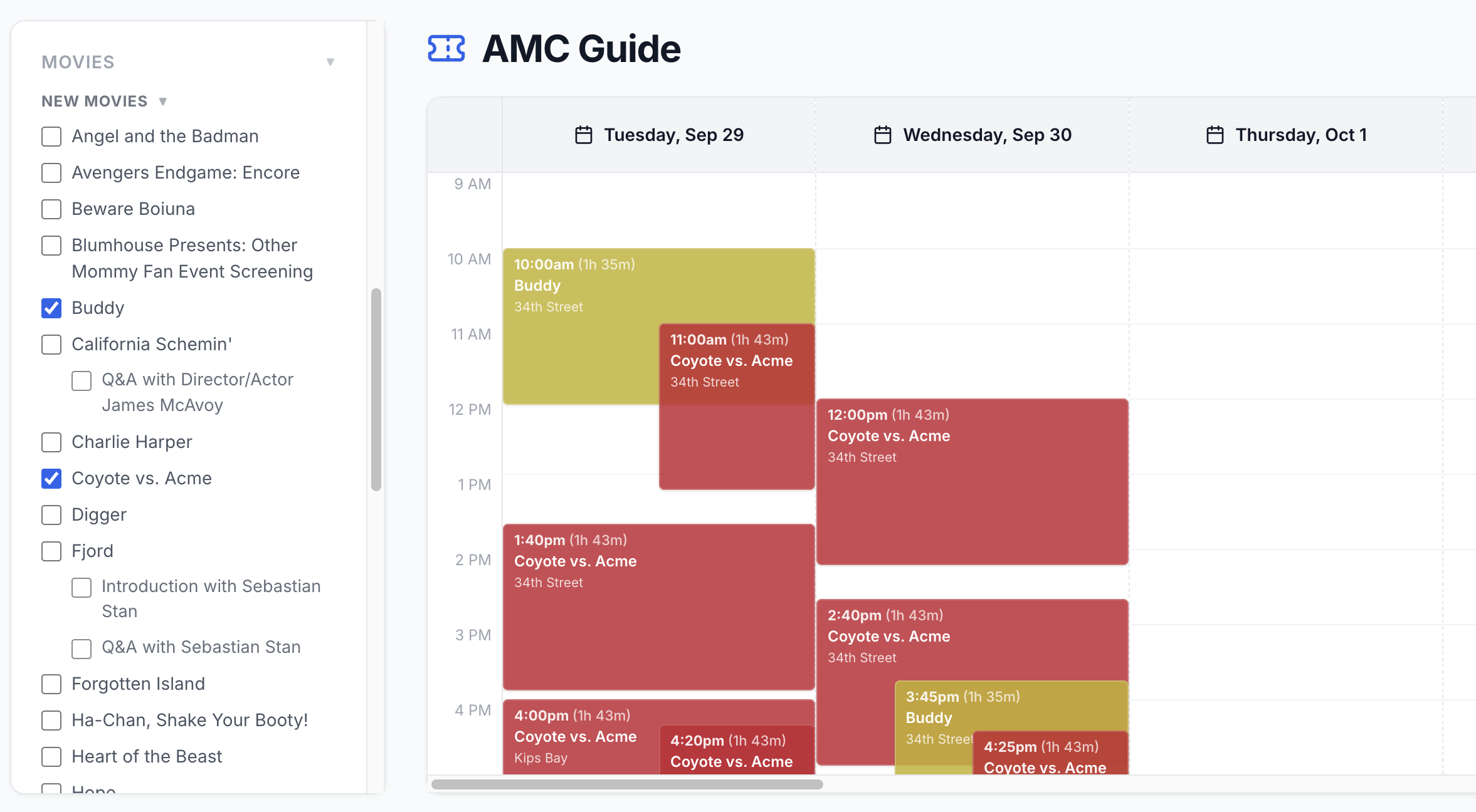 AMC Guide interface showing movie showtimes and filtering controls