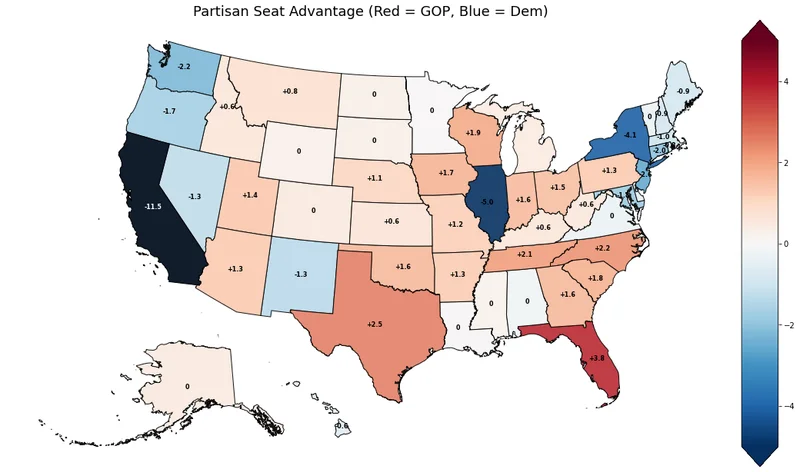 Map of partisan seat advantages by state