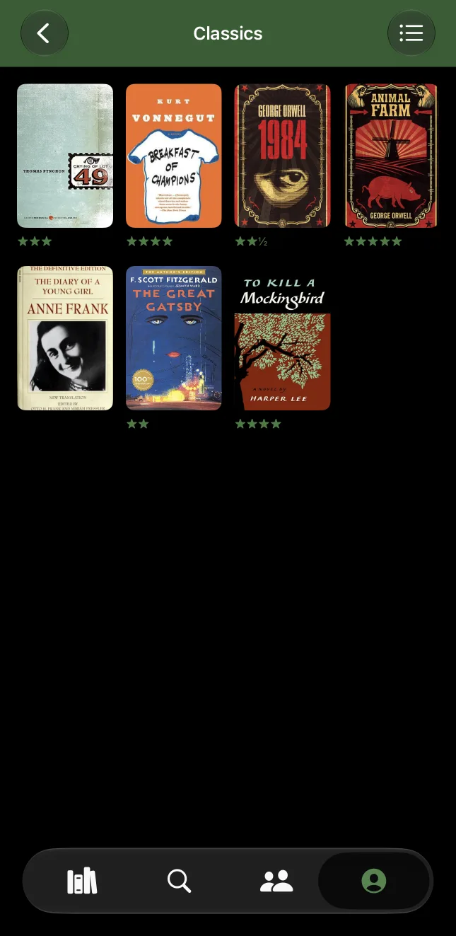 Logr "Classics" list showing a grid of rated book covers