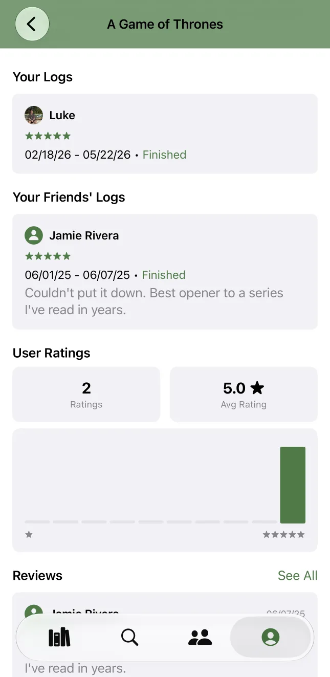 Logr book page for A Game of Thrones showing reading logs and user ratings