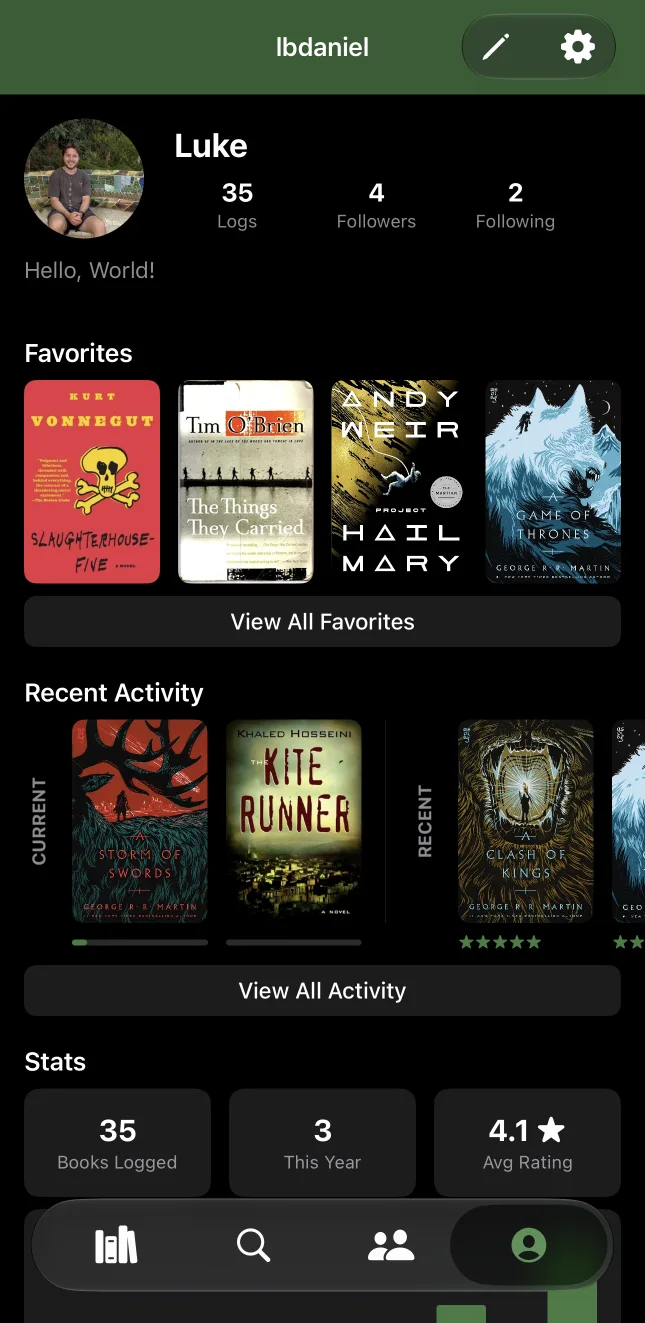 Logr profile screen showing favorite books, recent reading activity, and reading stats
