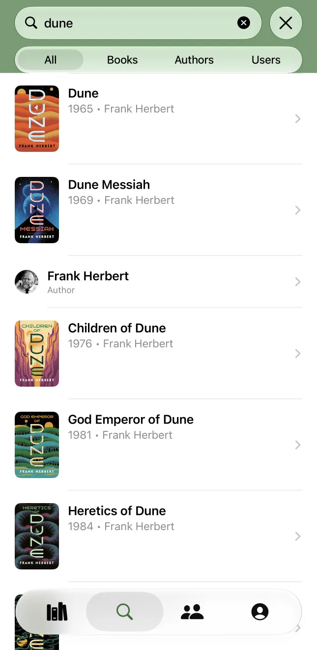 Logr search results for "dune" listing Dune books and the author Frank Herbert