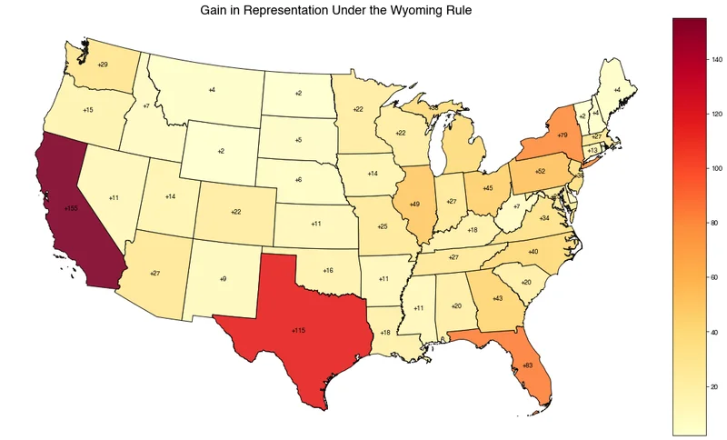 Map of changes in House representation under the Wyoming Rule