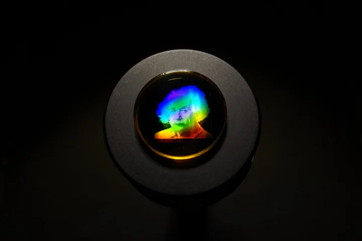 Colorful Einstein portrait printed on a VectorScribe optical sample